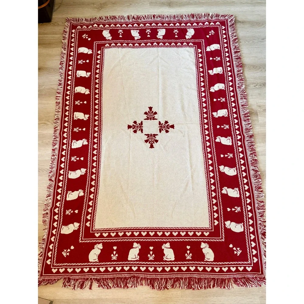 Vintage Woven Cat Tapestry Throw Blanket Red Cream Heart Fringe Reversible 46x68